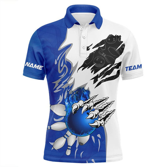 Weißes Bowling-Polo-Shirt für Herren | Personalisiertes Bowlinghemd mit Flammen-Bowlingkugel-Pins | Blau Q6460 - Climcat