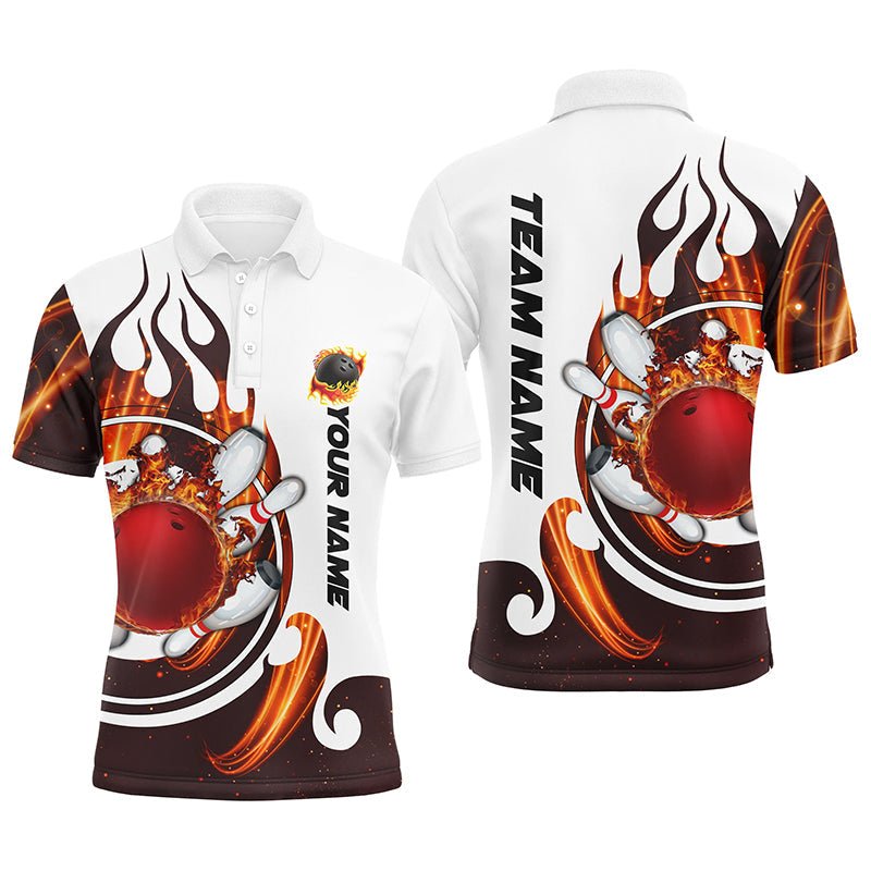 Weißes Bowling-Polo-Shirt für Herren | Personalisiertes Bowlinghemd mit Flammen-Bowlingkugel-Pins | Q6449 - Climcat