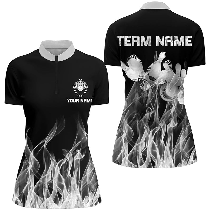 Weißes Flammen Bowling Quarter-Zip Shirt für Damen - Schwarze personalisierte Bowling Team Shirts Q6821 - Climcat