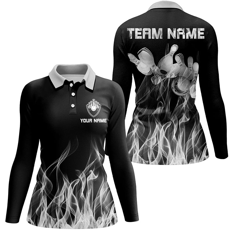 Weißes Flammen Damen Bowling Polo Shirt schwarz - Personalisierte Bowling Team Shirts Q6821 - Climcat