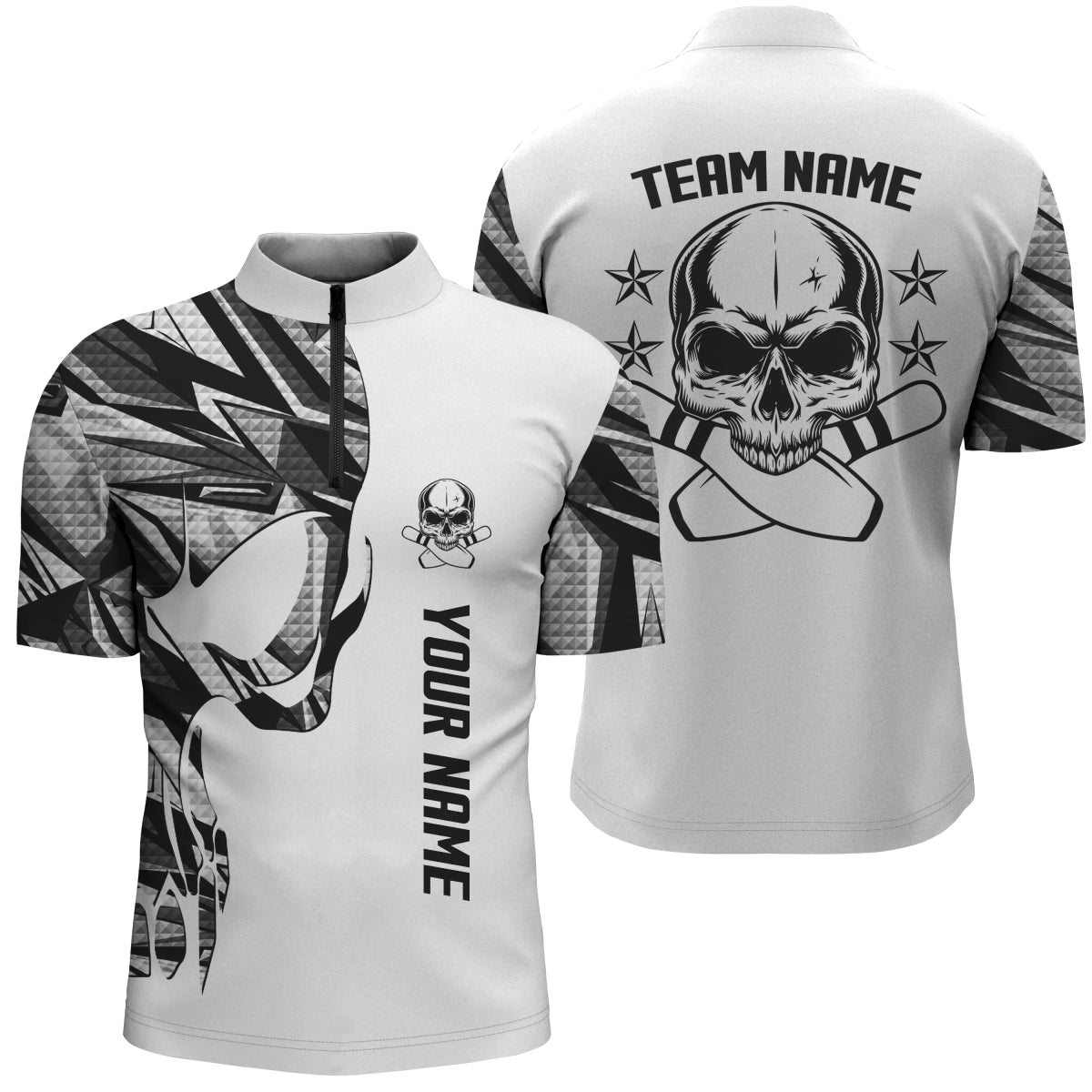 Weißes Tarnmuster Bowling Quarter Zip Shirt für Herren mit individuellem Namen Skull Bowling, Herren Bowling Team Shirt Q4699 - Climcat