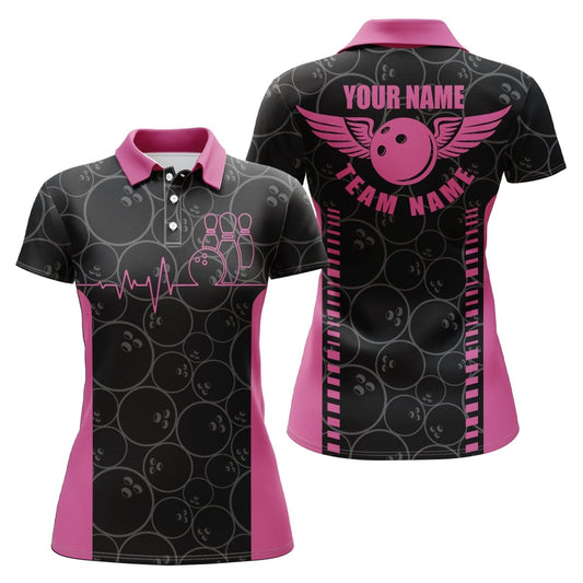 Witzige Herzschlag-Linie Pink Polo Shirts für Damen, personalisierte Bowling-Team Trikots Q5522 - Climcat