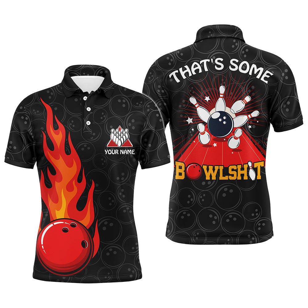 Witziges Flammen-Polo-Bowling-Shirt für Männer mit individuellem Namen, schwarzes Bowling-Trikot, cooles Bowlers-Shirt - Climcat