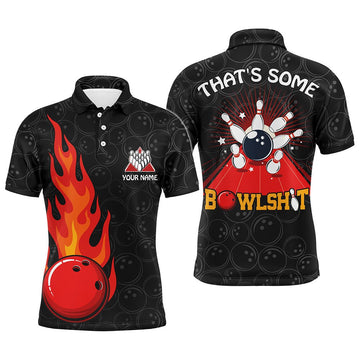 Witziges Flammen-Polo-Bowling-Shirt für Männer mit individuellem Namen, schwarzes Bowling-Trikot, cooles Bowlers-Shirt - Climcat